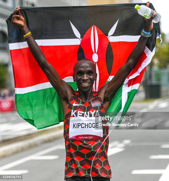 Hokkaido , Japan - 8 August 2021; Eliud Kipchoge of Kenya celebrates after winning the men's marathon at Sapporo Odori Park on day 16 during the 2020...