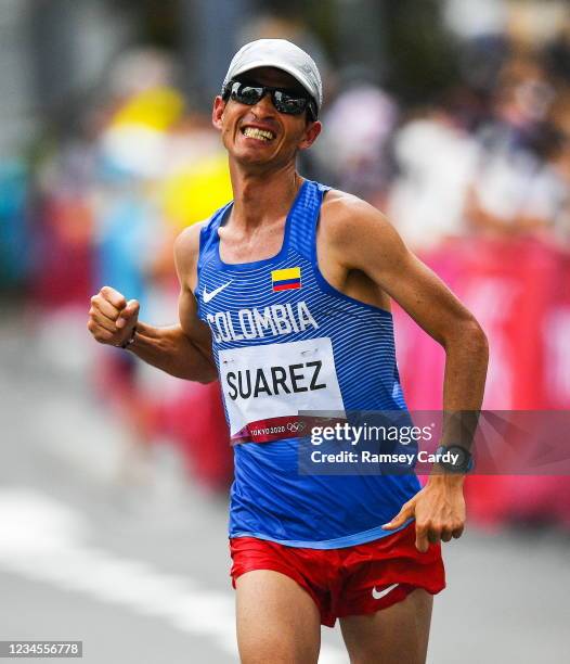 Hokkaido , Japan - 8 August 2021; Jeison Alexander Suarez of Colombia crosses the finish line during the men's marathon at Sapporo Odori Park on day...