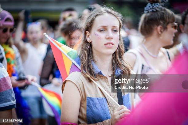 People gather at the Maarten Luther King Park to celebrate this year's Pride on August 7, 2021 in Amsterdam, Netherlands. The annual, city-wide LGBTQ...
