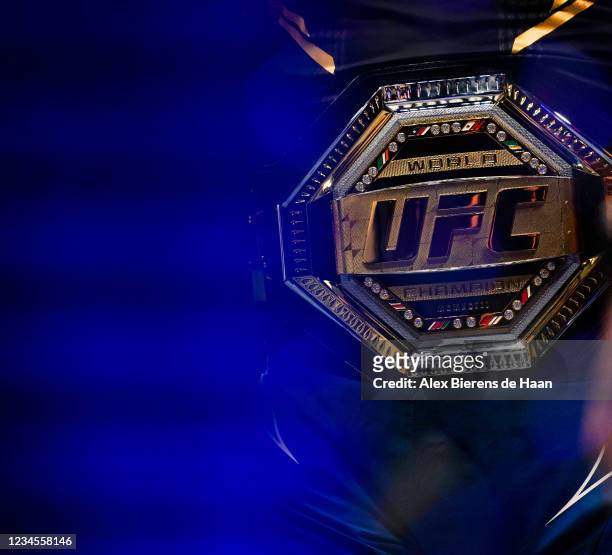 The UFC Heavyweight title belt awarded to Ciryl at UFC 265 at Toyota Center on July 7, 2021 in Houston, Texas.