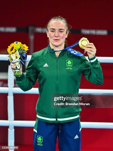 Tokyo , Japan - 8 August 2021; Kellie Harrington of Ireland celebrates with her gold medal after defeating Beatriz Ferreira of Brazil in their...