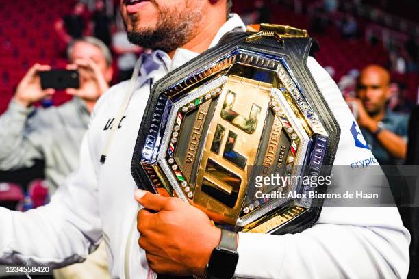 The UFC Heavyweight title belt awarded to Ciryl Gane at UFC 265 at Toyota Center on July 7, 2021 in Houston, Texas.