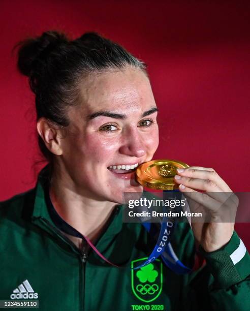 Tokyo , Japan - 8 August 2021; Kellie Harrington of Ireland celebrates with her gold medal after defeating Beatriz Ferreira of Brazil in their...