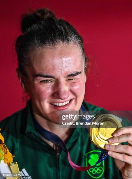 Tokyo , Japan - 8 August 2021; Kellie Harrington of Ireland celebrates with her gold medal after defeating Beatriz Ferreira of Brazil in their...