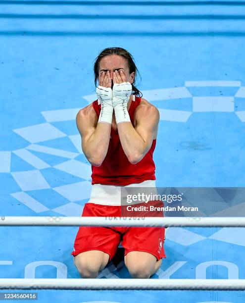 Tokyo , Japan - 8 August 2021; Kellie Harrington of Ireland reacts after defeating Beatriz Ferreira of Brazil in their women's lightweight final bout...