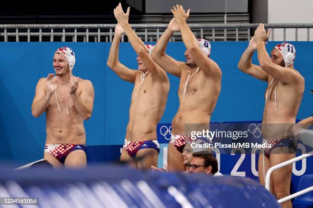 Lovre Milos, Andro Buslje, Paulo Obradovic and Marko Macan of Team Croatia reacts during the Mens Classification 5th-6th match between Croatia and...