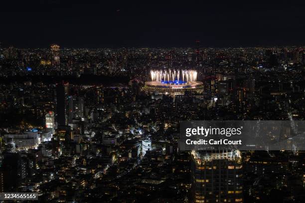 Fireworks are displayed over the Olympic Stadium during the closing ceremony of the Tokyo Olympics on August 8, 2021 in Tokyo, Japan.