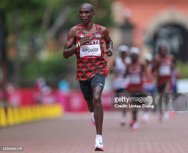 Eliud Kipchoge of Team Kenya competes in the Men's Marathon Final on day sixteen of the Tokyo 2020 Olympic Games at Sapporo Odori Park on August 08,...