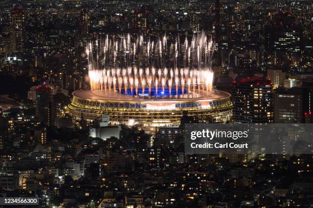 Fireworks are displayed over the Olympic Stadium during the closing ceremony of the Tokyo Olympics on August 8, 2021 in Tokyo, Japan.