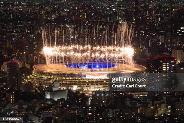 Fireworks are displayed over the Olympic Stadium during the closing ceremony of the Tokyo Olympics on August 8, 2021 in Tokyo, Japan.