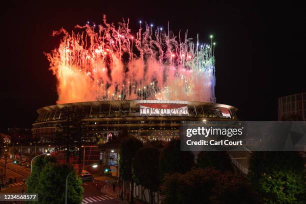 Fireworks are displayed over the Olympic Stadium during the closing ceremony of the Tokyo Olympics on August 8, 2021 in Tokyo, Japan.