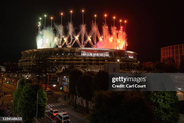 Fireworks are displayed over the Olympic Stadium during the closing ceremony of the Tokyo Olympics on August 8, 2021 in Tokyo, Japan.