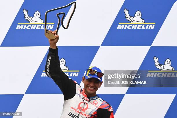 Winner Ducati-Pramac Spanish rider Jorge Martin celebrates on the podium after the Styrian Motorcycle Grand Prix at the Red Bull Ring race track in...