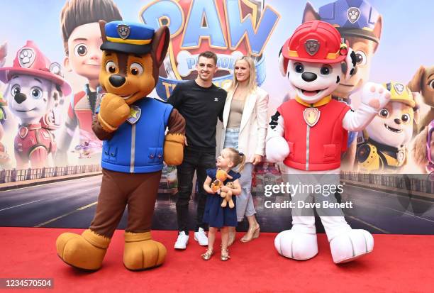 Max Whitlock, Leah Hickton and Daughter Willow attend a special screening of "Paw Patrol: The Movie" at the Vue Leicester Square on August 8, 2021 in...