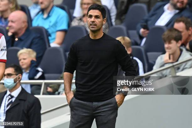 Arsenal's Spanish manager Mikel Arteta looks on during the pre-season friendly football match between Tottenham Hotspur and Arsenal at Tottenham...