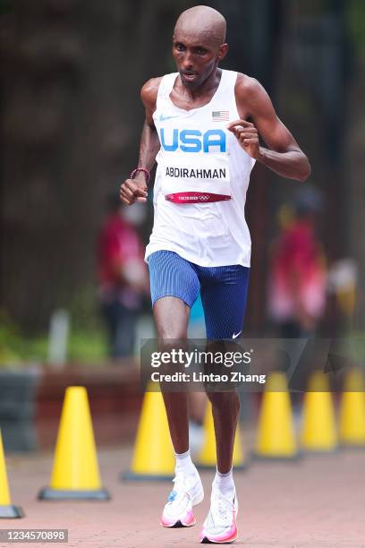 Abdi Abdirahman of Team United States competes in the Men's Marathon Final on day sixteen of the Tokyo 2020 Olympic Games at Sapporo Odori Park on...