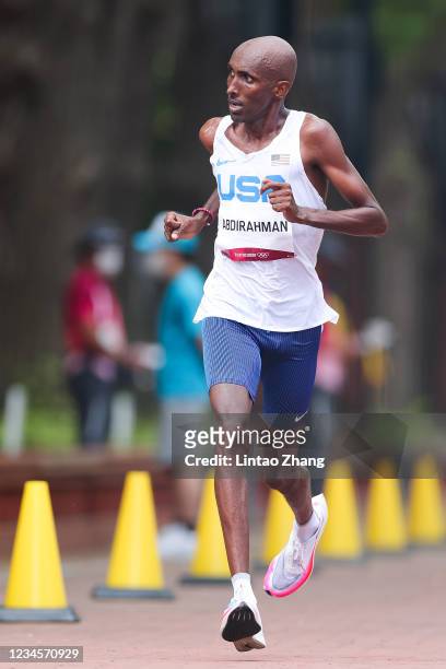 Abdi Abdirahman of Team United States competes in the Men's Marathon Final on day sixteen of the Tokyo 2020 Olympic Games at Sapporo Odori Park on...