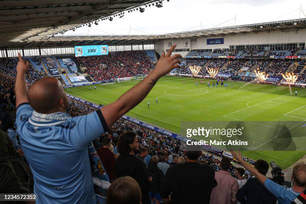 Coventry City fan reacts as the teams come out during the Sky Bet Championship match between Coventry City and Nottingham Forest at Ricoh Arena on...