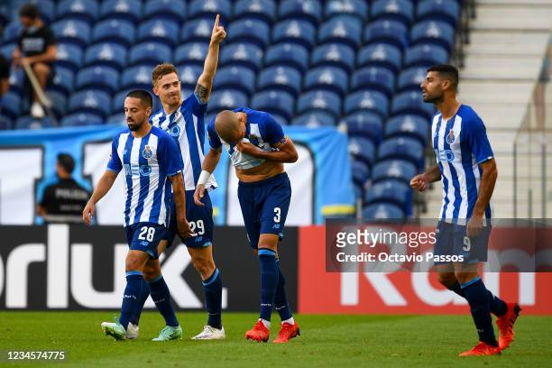 Toni Martinez of FC Porto celebrates with teammates after he scores his sides first goal during the Liga Bwin match between FC Porto and Belenenses...
