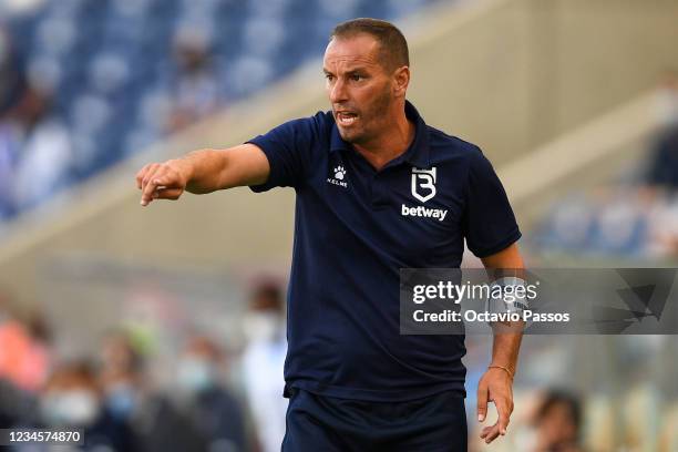 Head coach, Petit of Belenenses Sad reacts during the Liga Bwin match between FC Porto and Belenenses Sad at Estadio do Dragao on August 8, 2021 in...