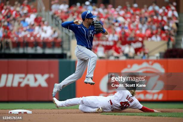 Whit Merrifield of the Kansas City Royals turns a double play over Harrison Bader of the St. Louis Cardinals during the second inning at Busch...