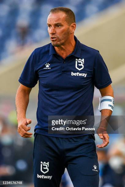 Head coach, Petit of Belenenses Sad reacts during the Liga Bwin match between FC Porto and Belenenses Sad at Estadio do Dragao on August 8, 2021 in...