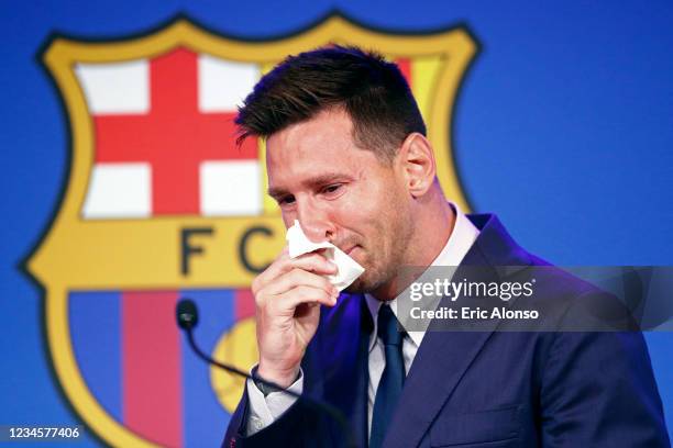 Lionel Messi of FC Barcelona faces the media during a press conference at Nou Camp on August 08, 2021 in Barcelona, Spain.