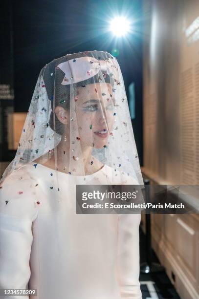 Presentation of the Fall-Winter 2021-2022 haute couture collection by Chanel, dress modeled by Margaret Qualley photographed for Paris Match in...