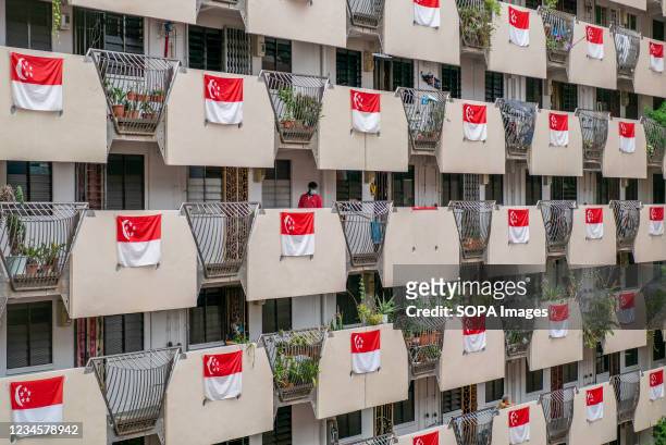 Flags of Singapore seen hanging outside a housing block at a local estate to commemorate the 56th National Day.