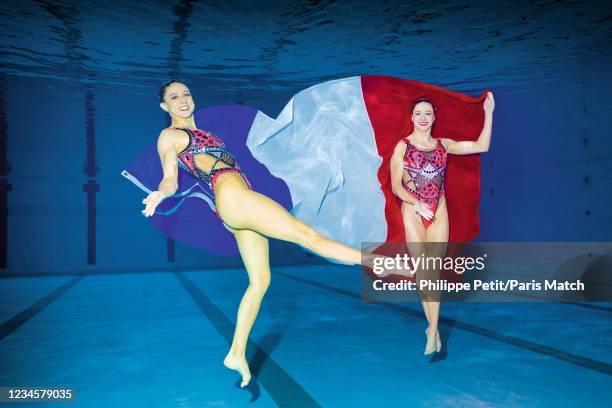 Synchronize swimmers Charlotte and Laura Tremble champions are photographed for Paris Match in Paris, France on June 28, 2021.