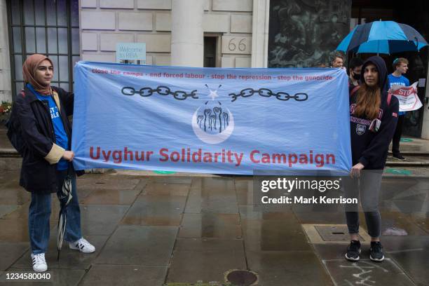 Activists from Uyghur Solidarity Campaign UK protest opposite the Chinese embassy in support of the Uyghur peoples struggle for freedom on 5th August...