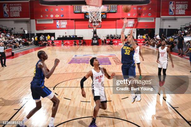 Jimmer Fredette of the Denver Nuggets shoots the ball against the Miami Heat during the 2021 Las Vegas Summer League on August 8, 2021 Cox Pavilion...