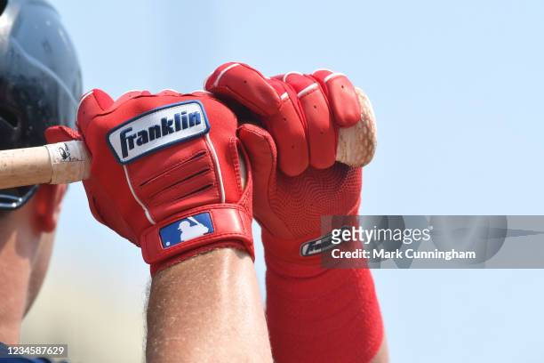 Detailed view of the Franklin batting gloves worn by Hunter Renfroe of the Boston Red Sox while he waits on-deck to bat during the game against the...