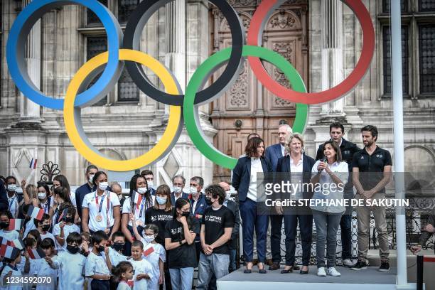 From left front row: French Delegate Minister of Sports Roxana Maracineanu, President of French National Olympic Committee Brigitte Henriques, Paris...