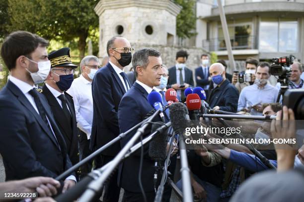 France's Interior Minister Gerald Darmanin speaks during a press conference after a French catholic priest, aged 60, has been murdered in...