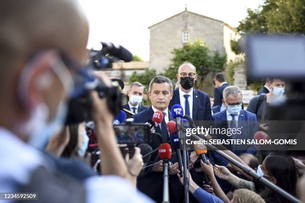 France's Interior Minister Gerald Darmanin speaks during a press conference after a French catholic priest, aged 60, has been murdered in...