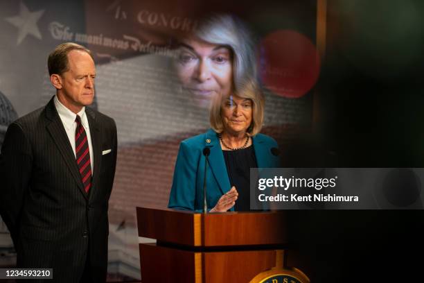 Sen. Cynthia Lummis speaks during a news conference with Sen. Pat Toomey on bipartisan agreement to fix the digital asset reporting requirements in...