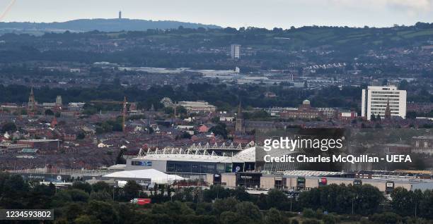 General views of the National Stadium at Windsor Park ahead of the UEFA Super Cup final between Chelsea and Villarreal as seen on August 9, 2021 in...