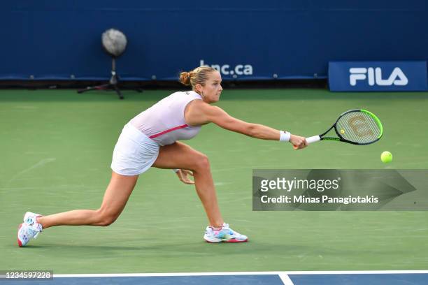 Shelby Rogers of the United States hits a return during her Womens Singles first round match against Anastasia Potapova of Russia on Day One of the...