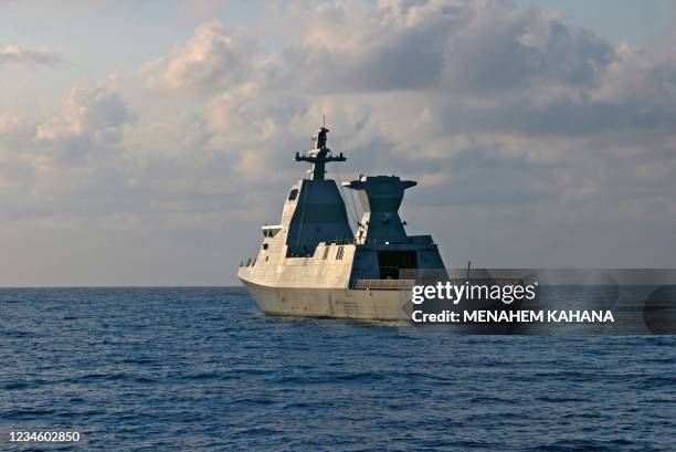 The Israeli Atzmaut warship, a Saar 6 corvette, sails during a welcome ceremony by the Israeli Navy after its arrival from Germany, on August 10 in...