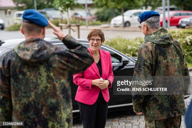 German Defence Minister Annegret Kramp-Karrenbauer is greeted during her visit to the medical service of the German armed forces Bundeswehr in...