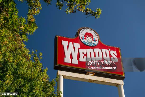 Signage at a Wendy's restaurant in Richmond, California, U.S., on Monday, Aug. 9, 2021. Wendy's Co. Is expected to release earnings figures on August...