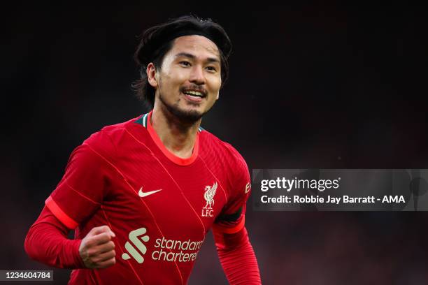 Takumi Minamino of Liverpool celebrates after scoring a goal to make it 1-0 during the Pre-Season Friendly fixture between Liverpool and Osasuna at...