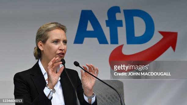 Parliamentary group co-leader of Germany's far-right Alternative for Germany party and top candidate in the upcoming election, Alice Weidel addresses...