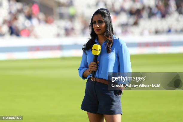 Isa Guha looks on prior to The Hundred match between Manchester Originals Men and London Spirit Men at Emirates Old Trafford on August 10, 2021 in...