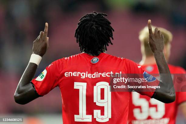 Bruma of PSV celebrates 0-1 during the UEFA Champions League match between FC Midtjylland v PSV at the Arena Herning on August 10, 2021 in Herning...