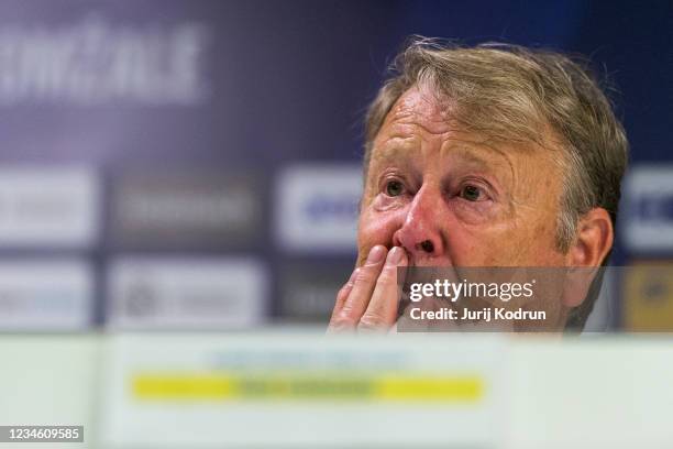 Rosenborgs head coach Age Hareide during the press conference after the UEFA Conference League: Third Qualifying Round Leg Two match between NK...