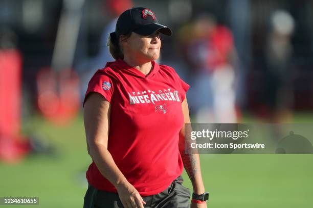 Lori Locust Asst. Defensive Line Coach walks out to the field during the Tampa Bay Buccaneers Training Camp on August 10, 2021 at the AdventHealth...