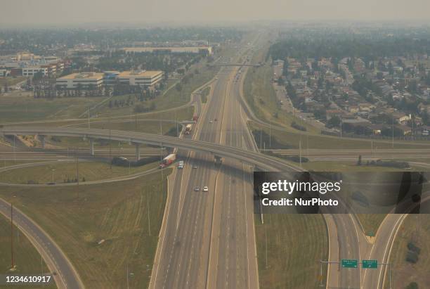 Highway network next to YYC Calgary International Airport. On Friday, August 6 in Calgary International Airport, Calgary, Alberta, Canada.