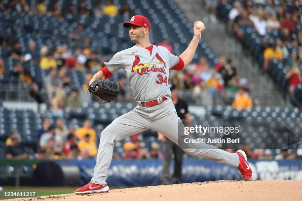 Happ of the St. Louis Cardinals delivers a pitch in the first inning during the game against the Pittsburgh Pirates at PNC Park on August 10, 2021 in...